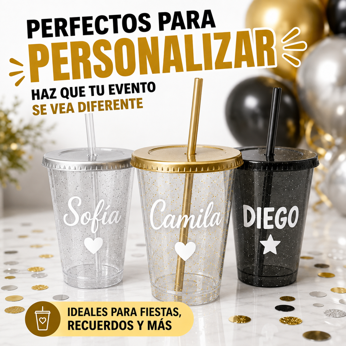 Vaso de plástico glitter 16 oz con tapa y popote – Kupp
