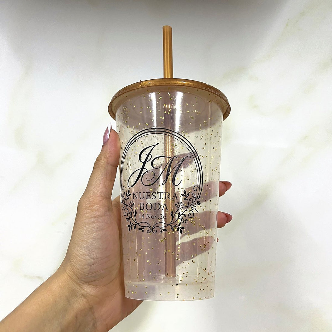 Vaso glitter personalizado para boda con iniciales – Kupp