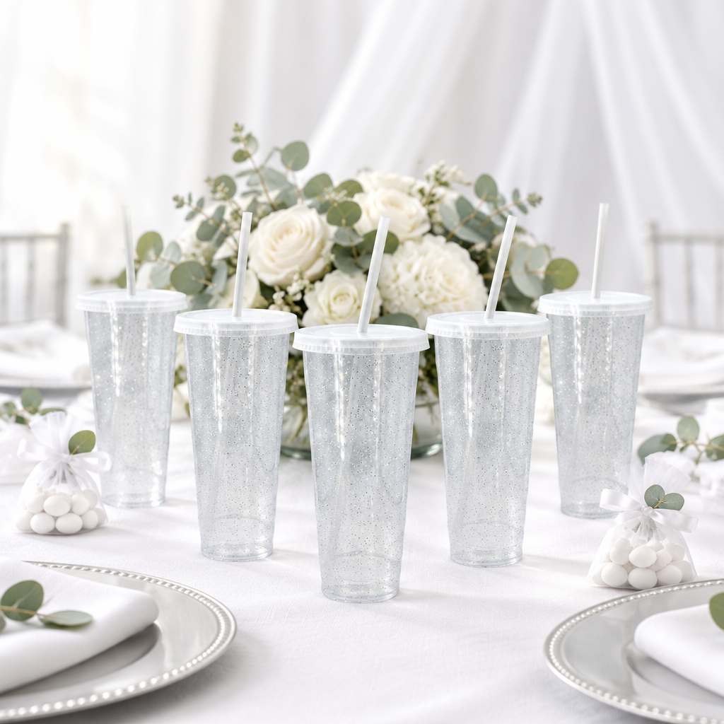 Mesa de bautizo con vasos glitter personalizados – Kupp