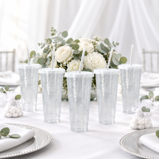Mesa de bautizo con vasos glitter personalizados – Kupp