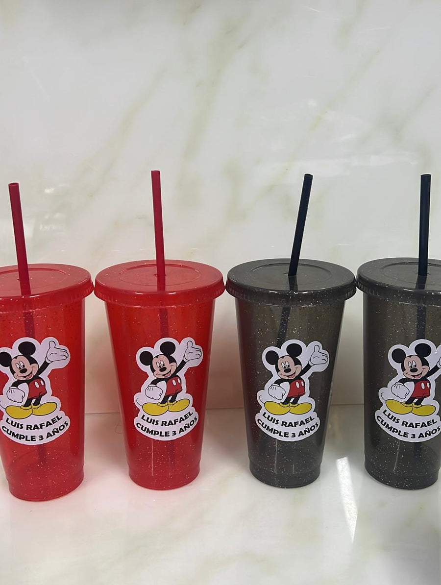 Vasos con popote glitter rojo y negro decorados para cumpleaños infantil