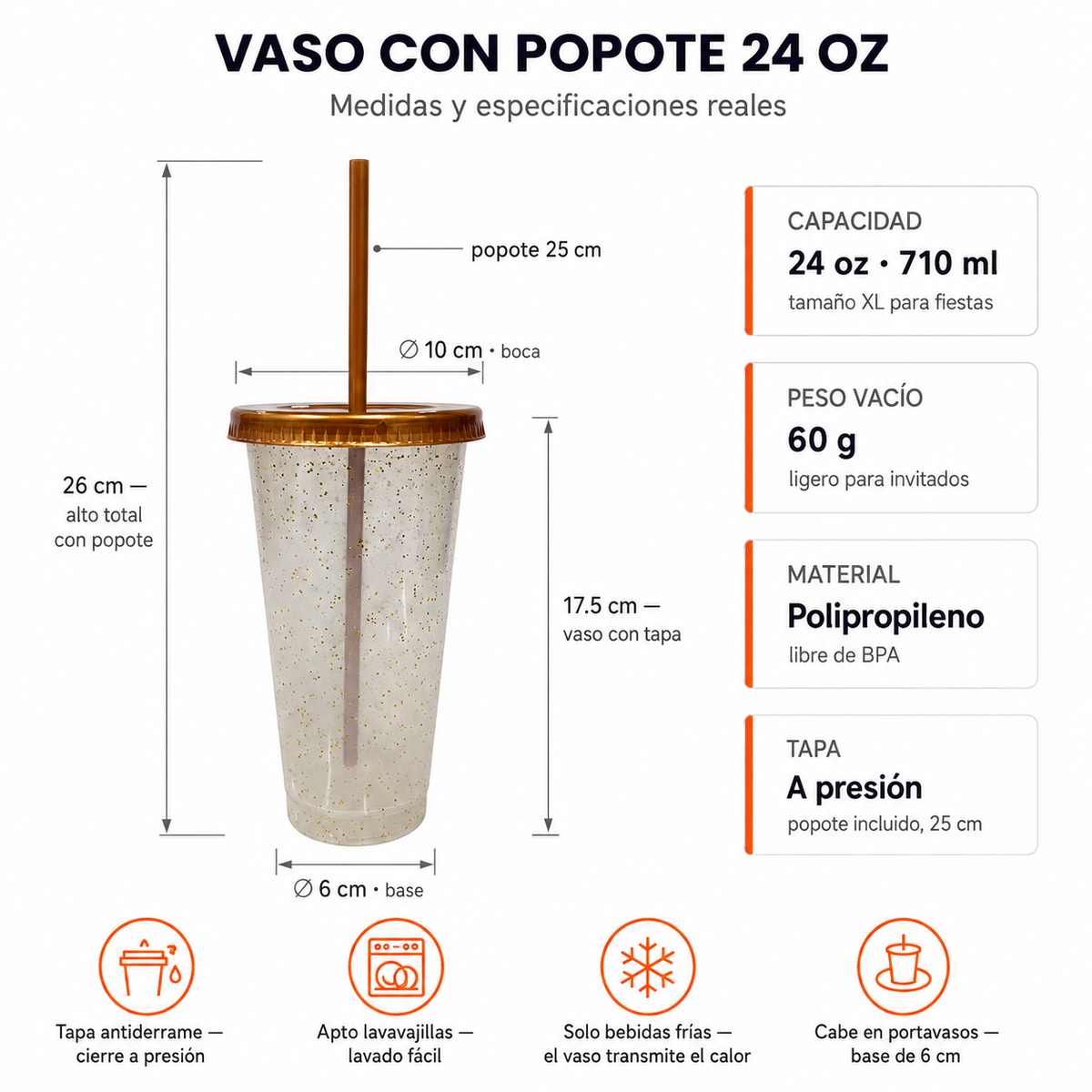 Vaso de plástico glitter 24 oz con tapa y popote – Kupp