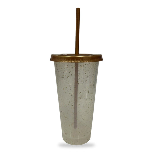 Vaso glitter con tapa y popote 24 oz transparente con dorado – Kupp